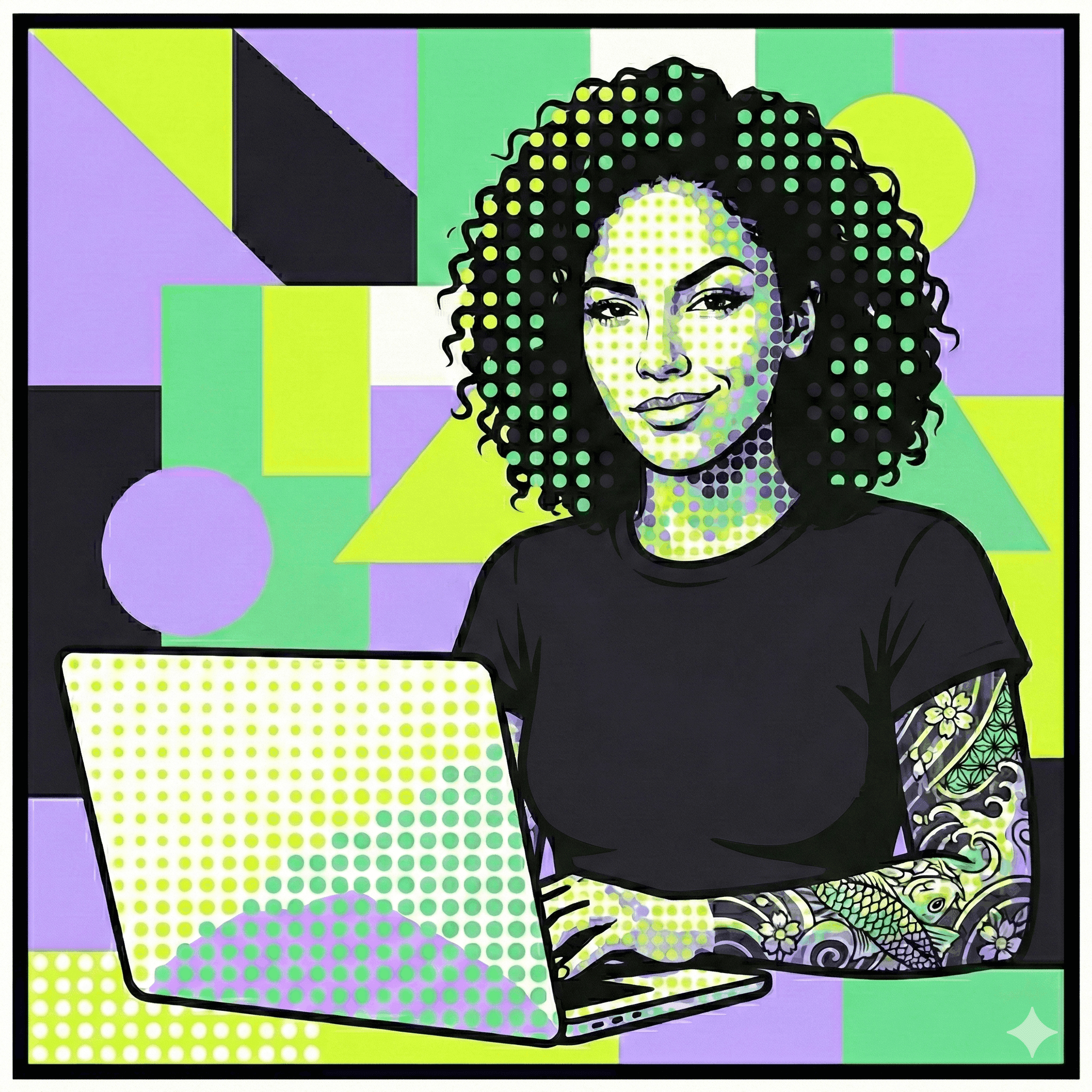 Founder at laptop with pop art pointillism treatment